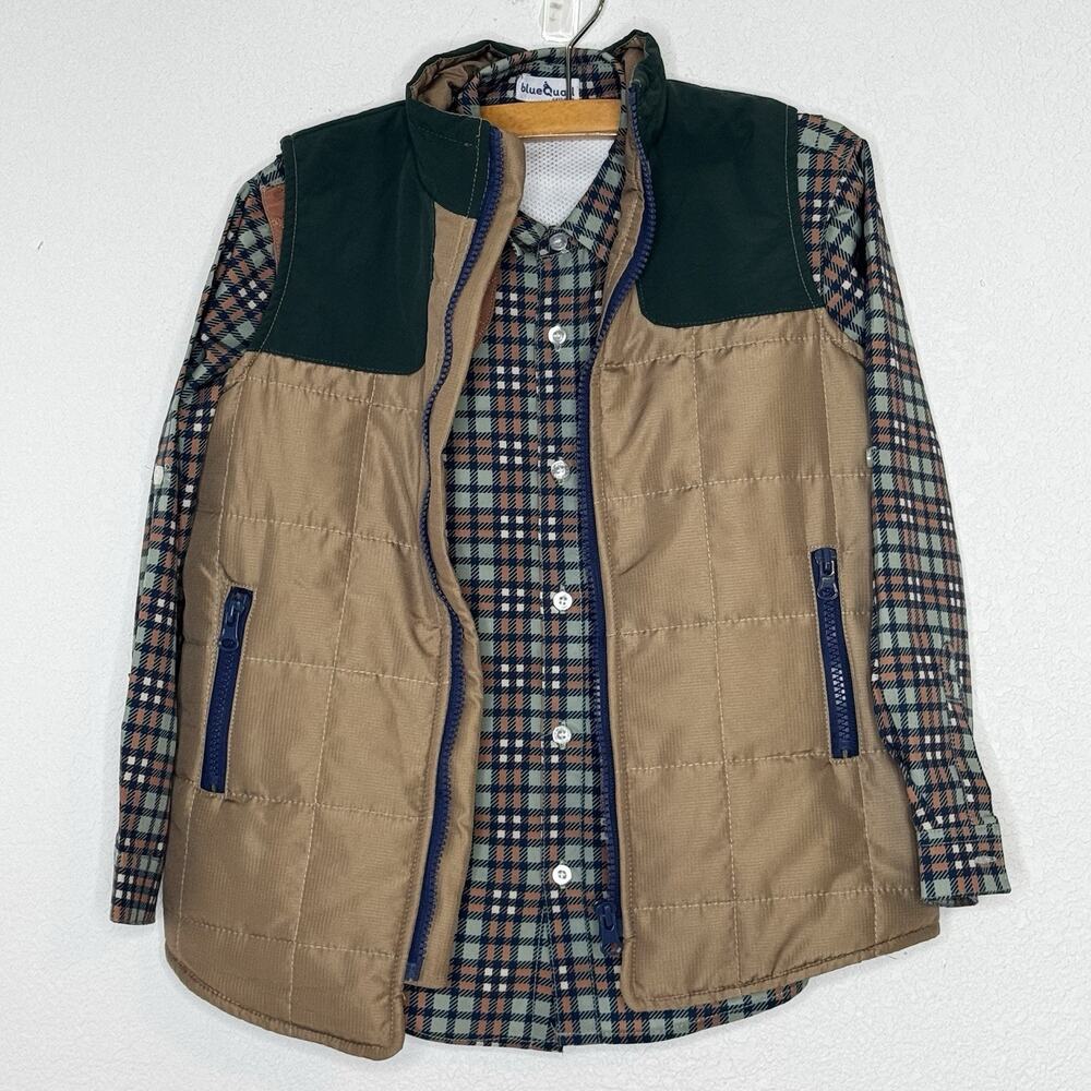 Blue Quail‎ Boys Quilted Puffer Vest + Plaid Performance Shirt Size 6 Green Tan